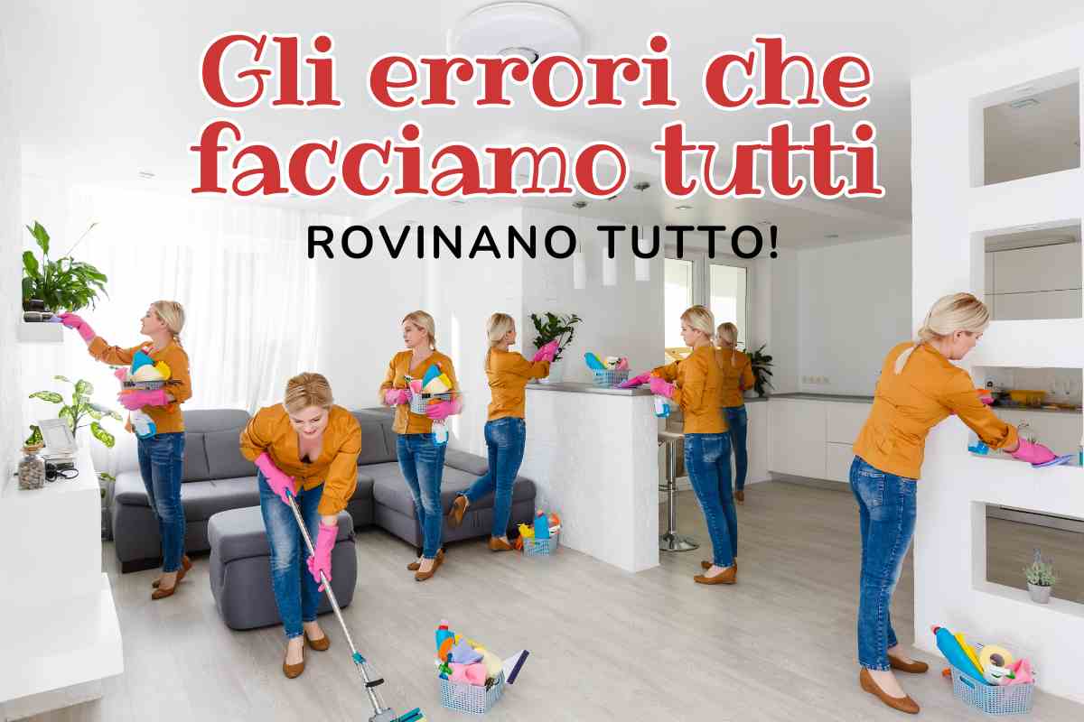 donna fa pulizie in diversi momenti e scritte