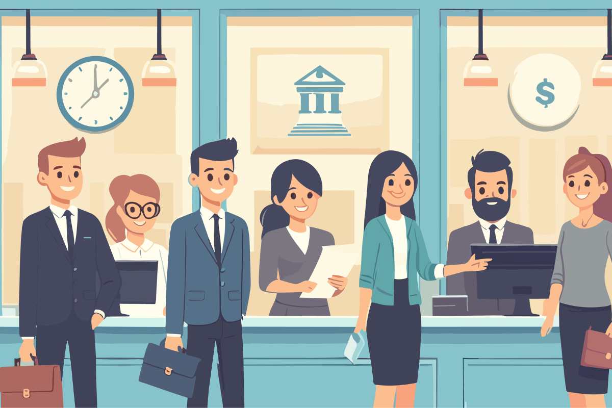 grafica persone in fila a sportelli